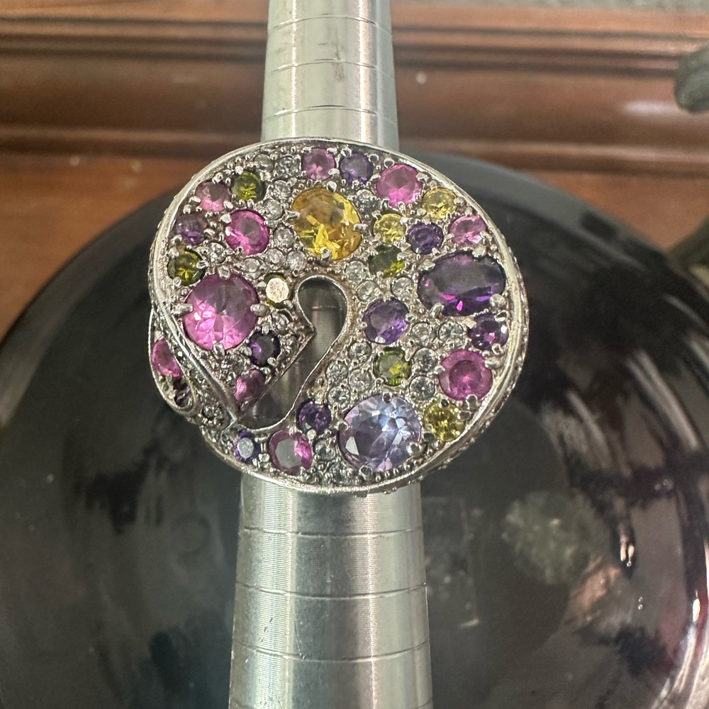 Large Sterling silver ribbon swirl statement ring with multi color crystals